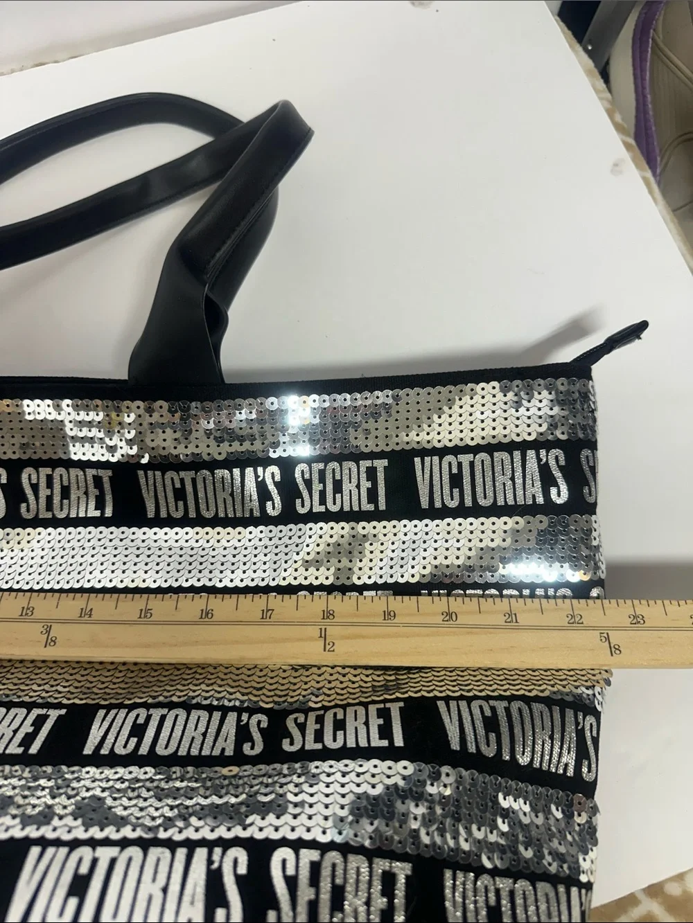 Victoria's Secret Black & Silver Sequin Logo Tote Bag and pouch Set